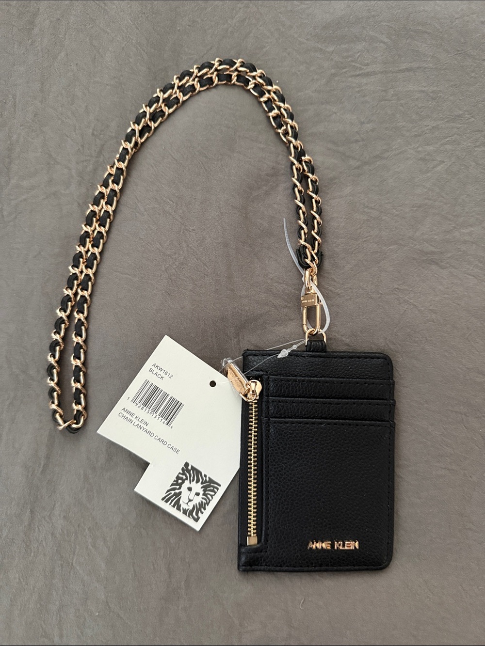 Anne Klein Black Leather Card Holder with Gold Chain Strap